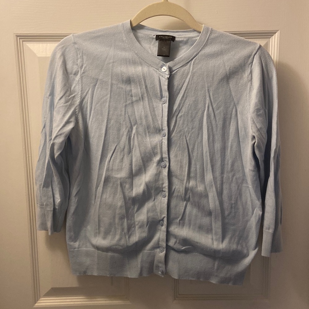 2 Cardigans. 3/4 length sleeve. Light blue and forest green. Size M. Ann Taylor.